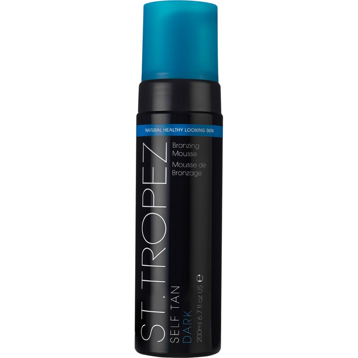 St. Tropez Self Tan Dark Bronzing Mousse 200ml syvän päivetyksen itseruskettava vaahto mustassa pullossa turkoosilla korkilla