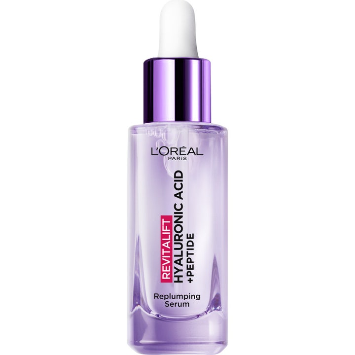 L'Oréal Paris Revitalift Hyaluronic Acid + Peptide Replumping Serum täyteläistävä seerumi violetissa lasipullossa pipetillä