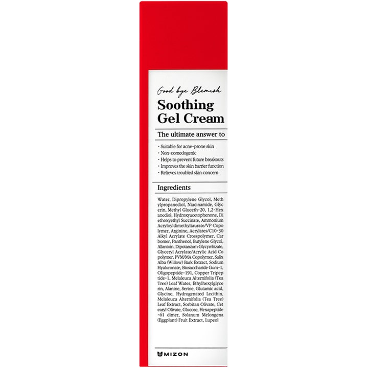 Rauhoittava Mizon Good Bye Blemish Soothing Gel Cream 55 ml kasvovoide punavalkoisessa pakkauksessa.