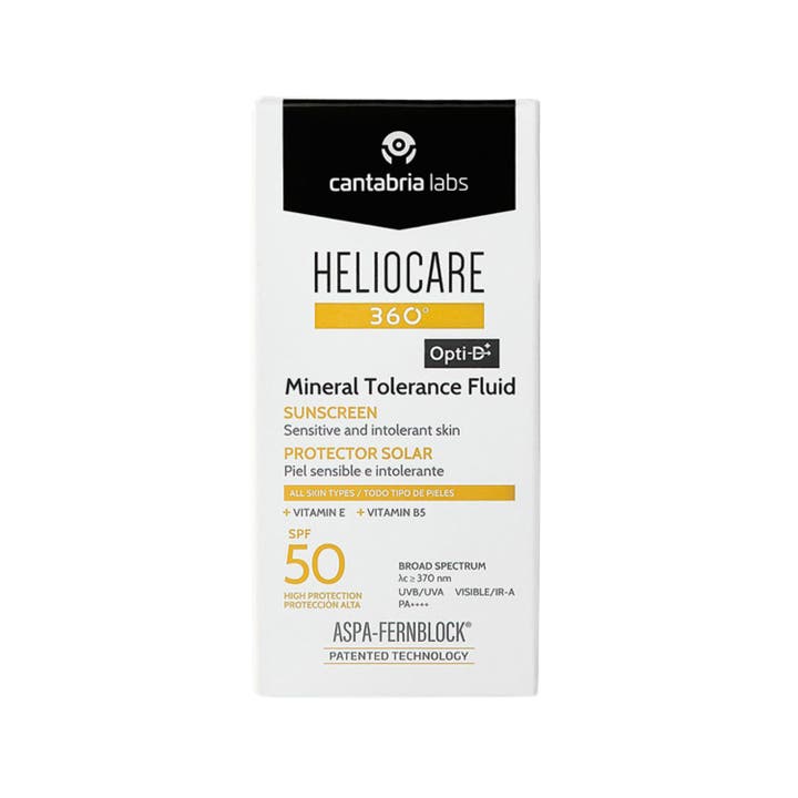 Heliocare Mineral Tolerance Fluid 50 ml SPF 50 aurinkosuoja herkälle iholle valkoisessa mustakorkkisessa pullossa.