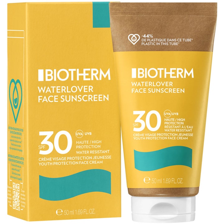 Biotherm Waterlover Face Cream SPF30 50 ml suojaava aurinkovoide kasvoille keltaisessa pakkauksessa ja paperituubissa