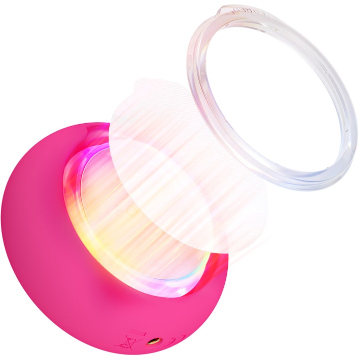 FOREO UFO 3 Fuchsia 1 kpl syväkosteuttava kasvolaite jossa on läpinäkyvä rengas ja pyöreä maskiarkki