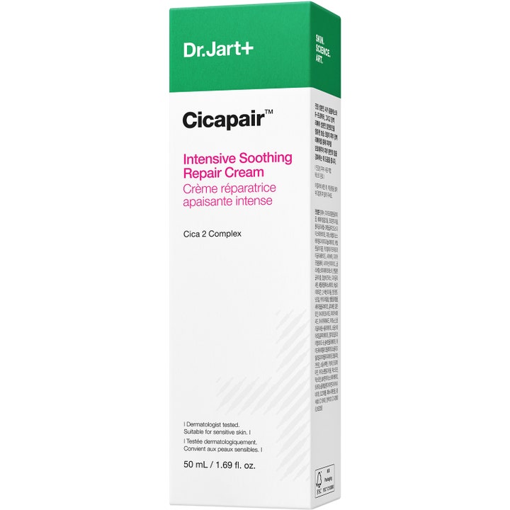 Dr.Jart+ Cicapair Intensive Soothing Repair Cream 50 ml rauhoittava kasvovoide valkoisessa pahvipakkauksessa.