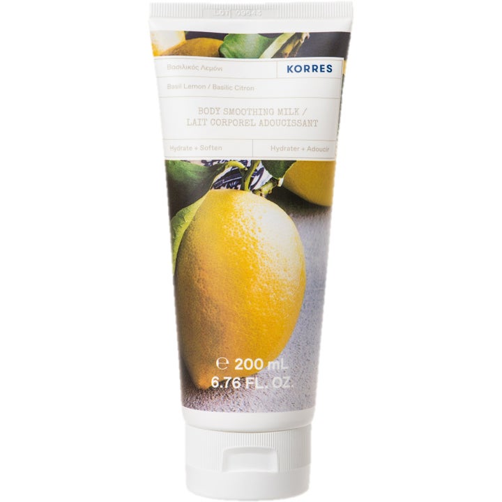 Korres Basil Lemon Body Smoothing Milk 200 ml kosteuttava vartalomaito valkoisessa tuubissa jossa on raikas sitruuna