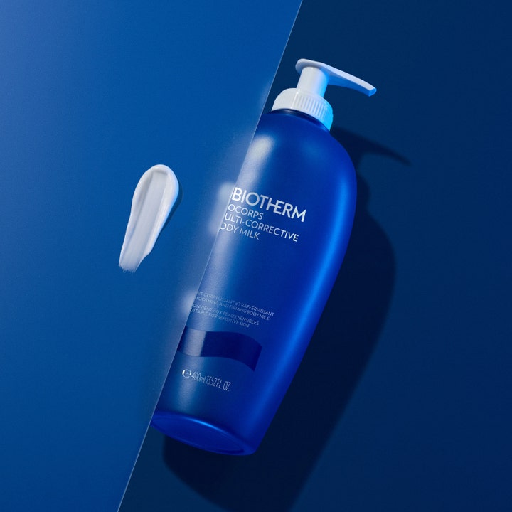 Biotherm Biocorps Multi-Corrective Body Milk 400 ml silottava vartalovoide, sininen pumppupullo ja valkoinen voide.