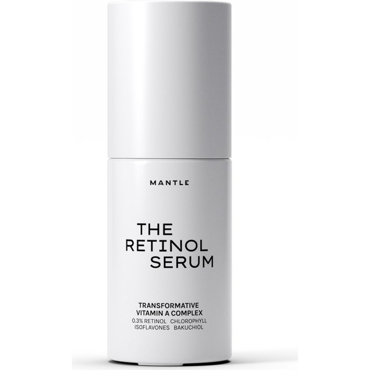 Mantle The Retinol Serum 30 ml uudistava retinoli seerumi vihreässä huurteisessa lasipullossa valkoisella pumpulla.