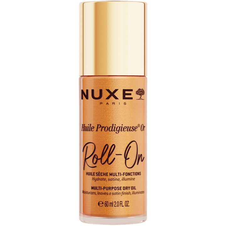 Nuxe Huile Prodigieuse Or Roll-On 60 ml hohtava kuivaöljy antaa iholle kultaista hehkua kirkkaassa pullossa.