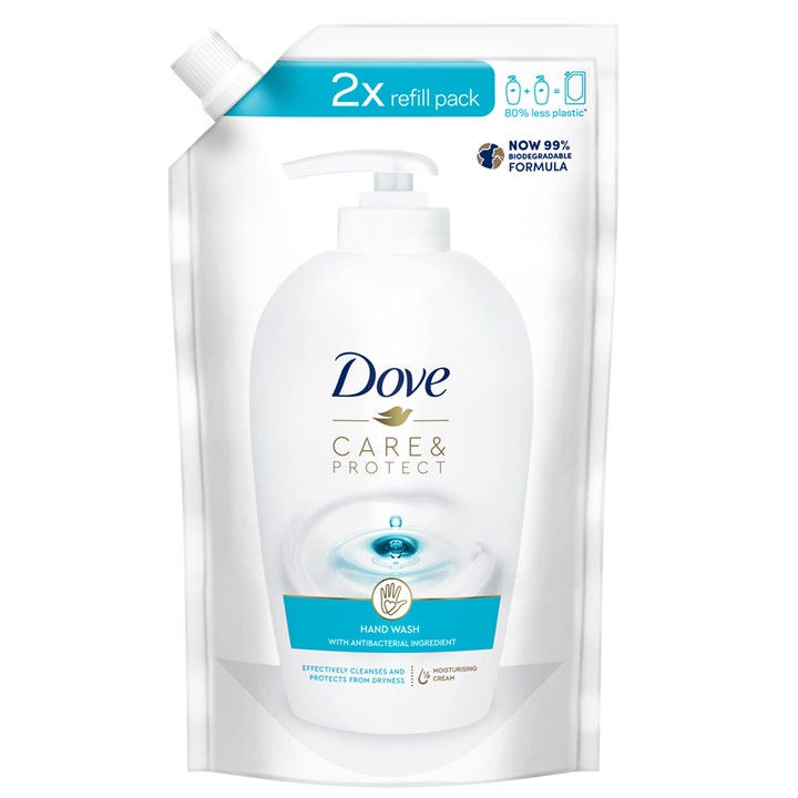 Dove Care & Protect Hand Wash täyttöpakkaus on kosteuttava antibakteerinen käsisaippua valkoisessa muovipussissa.