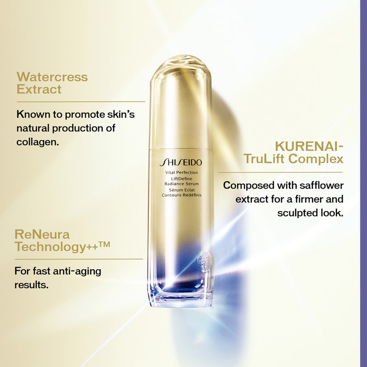 Shiseido Vital Perfection LiftDefine Radiance Serum 40 ml kiinteyttävä seerumi kultaisessa pullossa Watercress-uutteella.