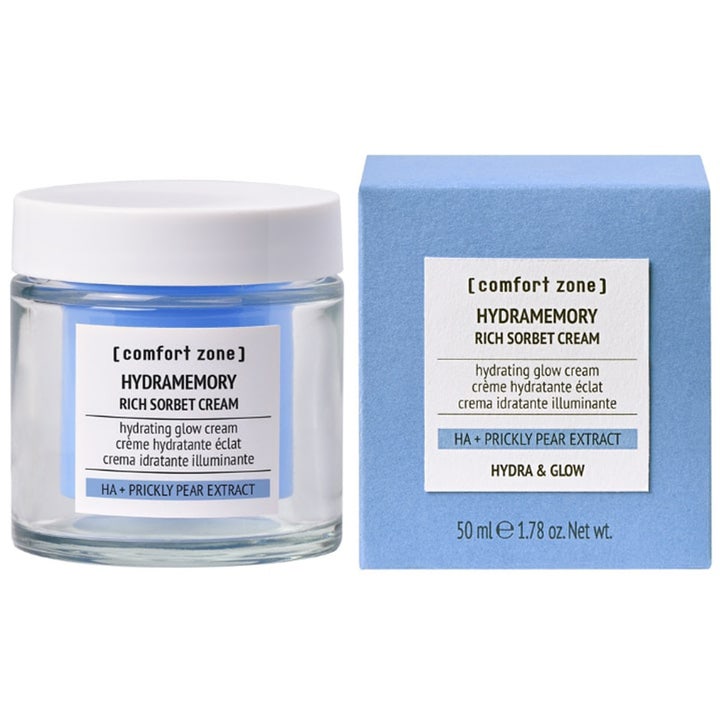 Comfort Zone Hydramemory Rich Sorbet Cream 50 ml heleyttävä kasvovoide lasipurkissa ja sinisessä pakkauksessa.