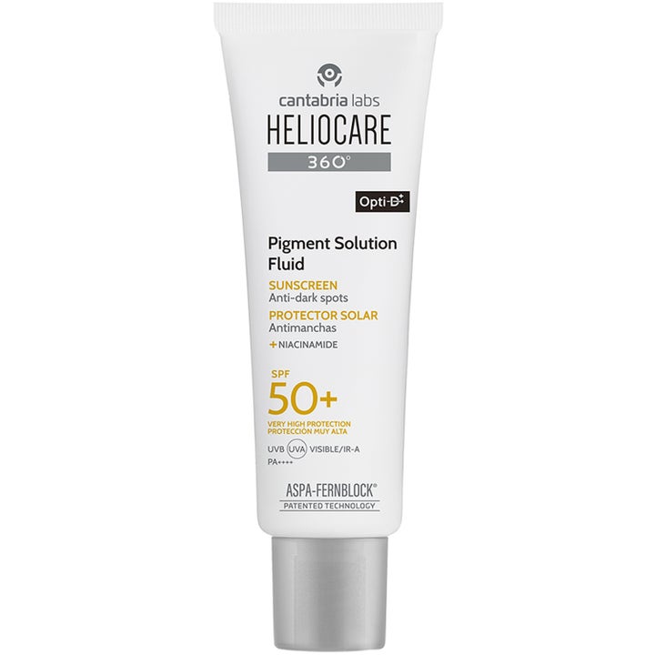 Heliocare 360° Pigment Solution Fluid pigmenttiläiskiä ehkäisevä aurinkosuoja valkoisessa tuubissa harmaalla korkilla.