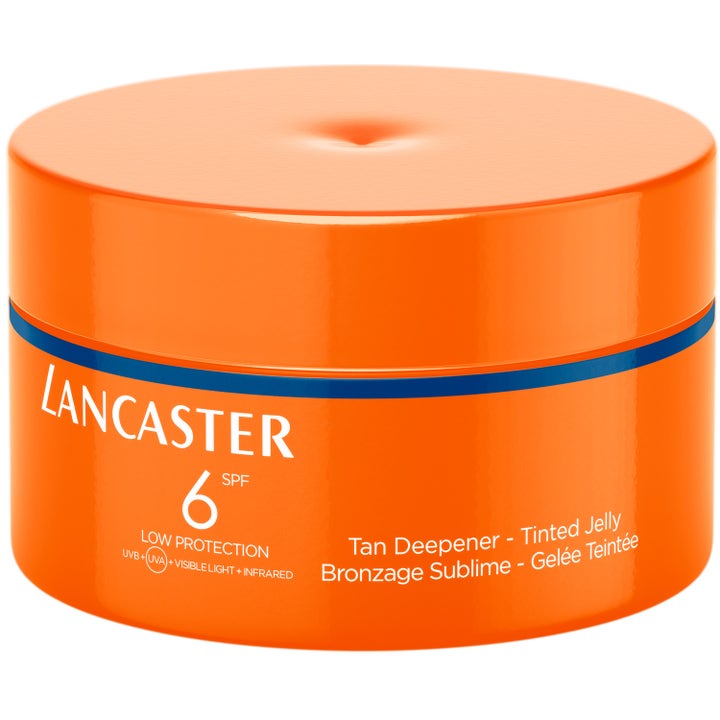 Lancaster Tan Deepener Tinted Jelly SPF6 200 ml syventää rusketusta oranssissa purkissa sinisellä raidalla.