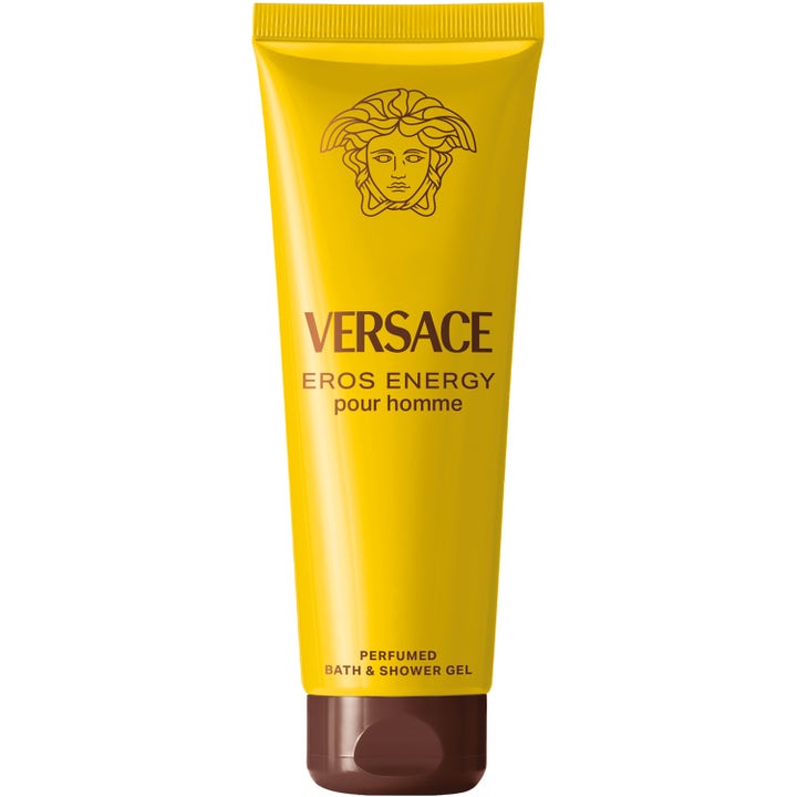Versace Eros Energy Pour Homme virkistävä suihkugeeli kirkkaankeltaisessa tuubissa jossa on ruskea korkki ja logo