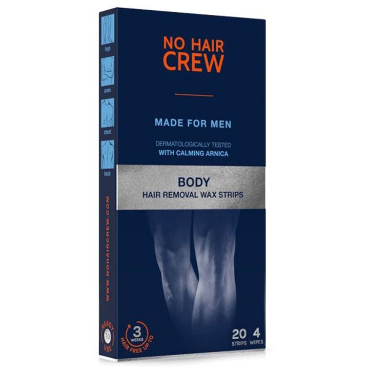 No Hair Crew Body Hair Removal Wax Strips 20 kpl rauhoittavat vahaliuskat miehille tummansinisessä pakkauksessa.