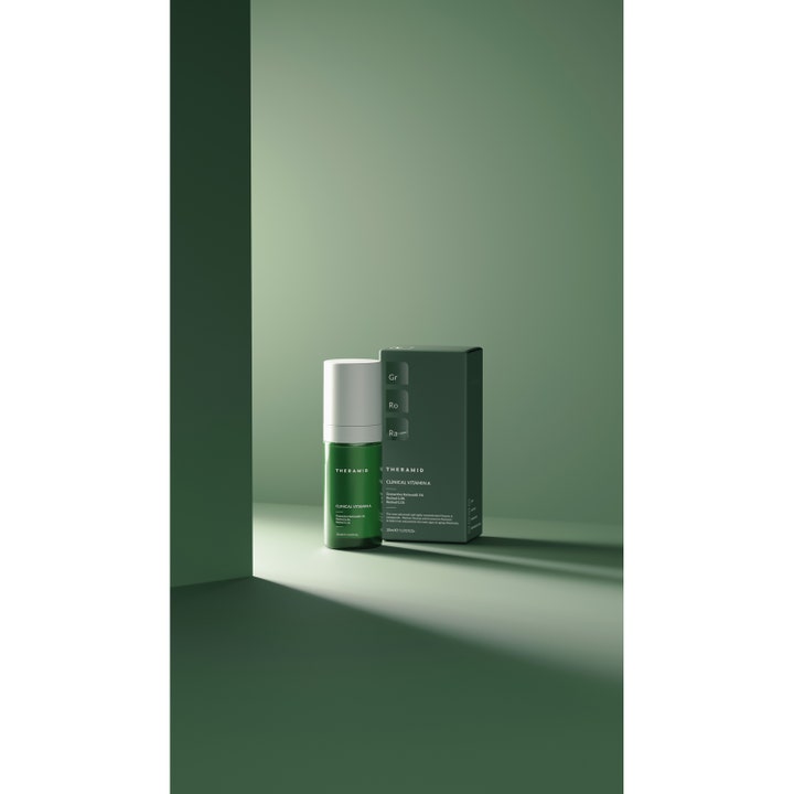 Niche Beauty Lab Theramid Clinical Vitamin A 30 ml uudistava A-vitamiiniseerumi vihreässä pullossa ja pakkauksessa