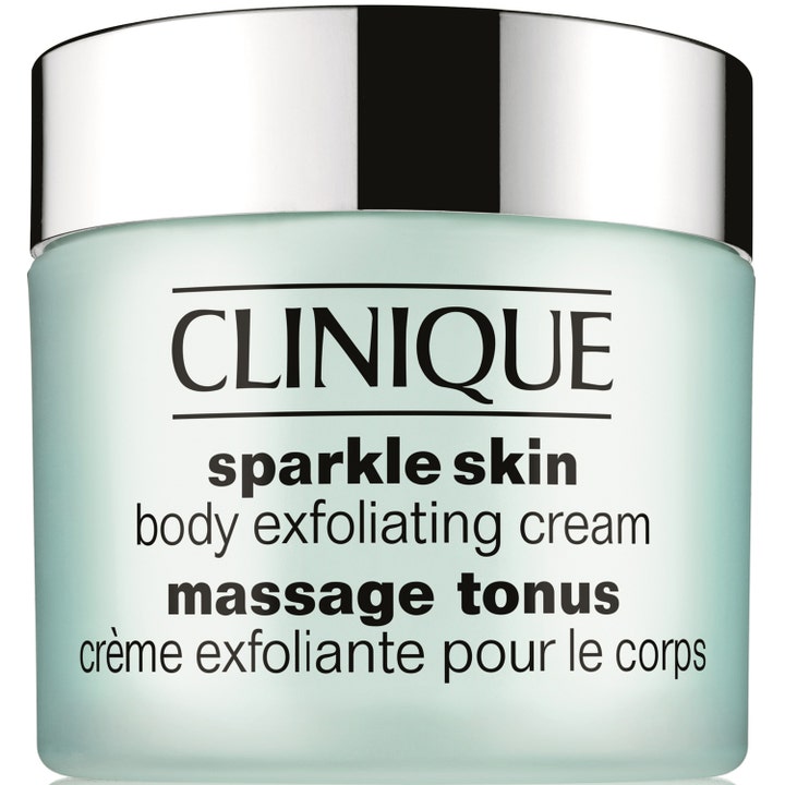Clinique Sparkle Skin Body Exfoliating Cream silottava vartalokuorinta vaaleanvihreässä purkissa hopeisella kannella.