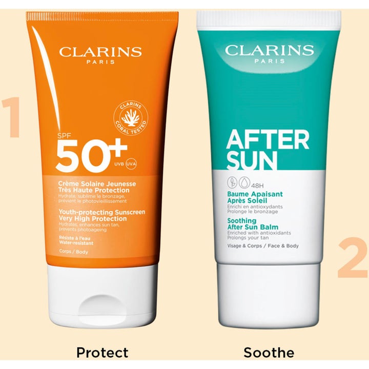 Clarins Youth-protecting Sunscreen 150 ml SPF 50+ aurinkovoide ja After Sun -voide oranssissa ja turkoosissa tuubissa