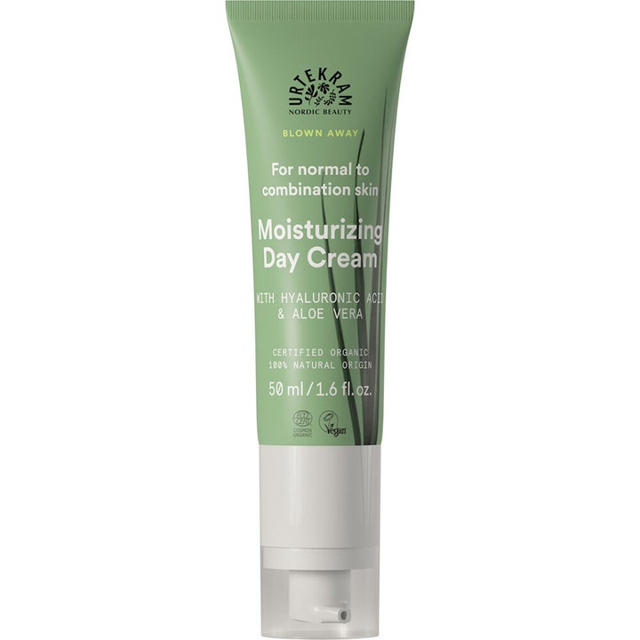Urtekram Blown Away 50 ml kosteuttava päivävoide sisältää hyaluronihappoa ja aloe veraa vihreässä tuubissa.