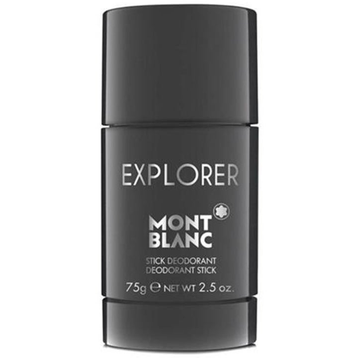 Montblanc Explorer 75g deostick antaa raikkautta tyylikkäässä mustassa hylsyssä jossa on hopeinen teksti.