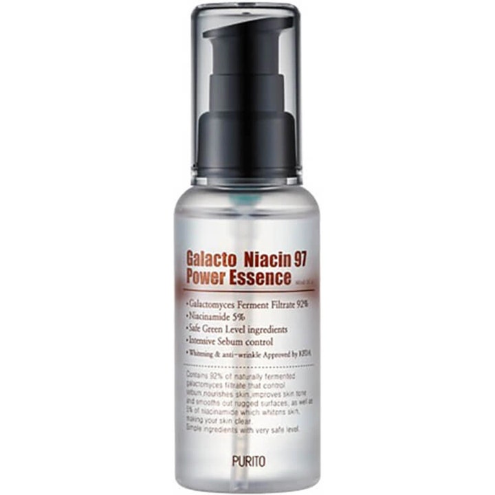 Purito Galacto Niacin 97 Power Essence 60 ml kirkastava hoitoneste niasiiniamidilla läpinäkyvässä pumppupullossa.