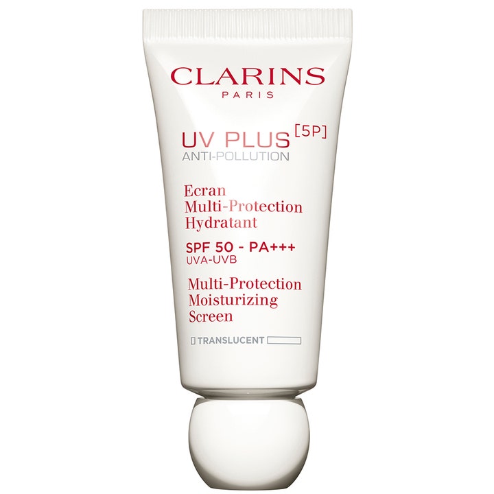 Clarins UV Plus 5P 30 ml suojaava aurinkovoide kasvoille valkoisessa tuubissa hopeisella korkilla.