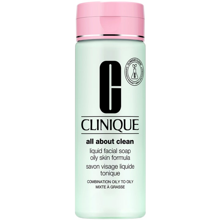 Clinique 3-Step All About Clean Liquid Facial Soap 525 ml puhdistusaine rasvoittuvalle iholle mintunvihreässä pullossa.