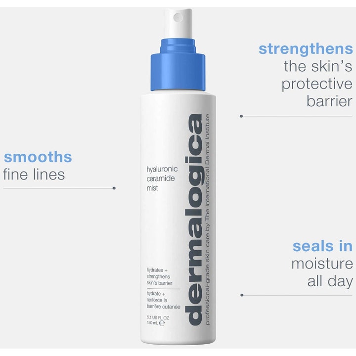 Dermalogica Hyaluronic Ceramide Mist 150 ml silottava kasvosuihke valkoisessa pullossa sinisellä korkilla.