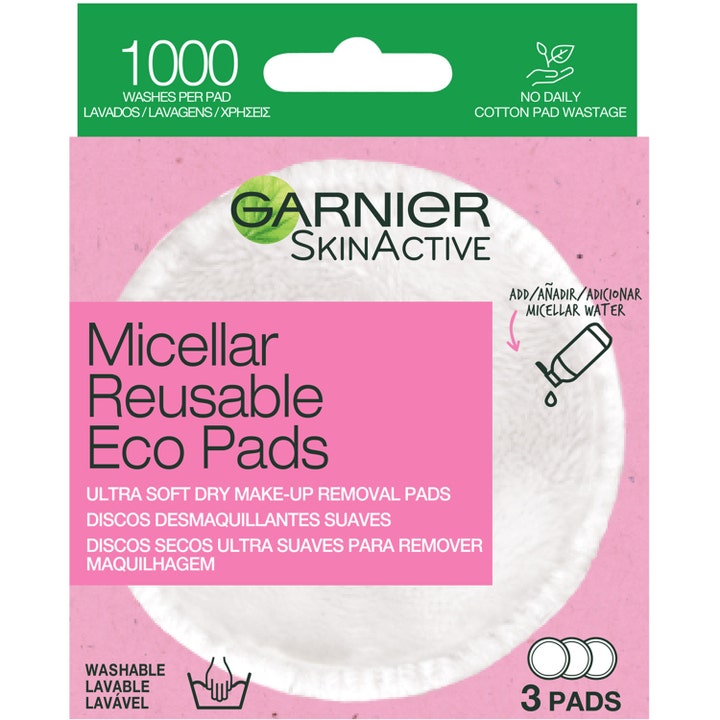 Garnier SkinActive Micellar Reusable Eco Pads 3 kpl puhdistava kestovanulappu vaaleanpunaisessa pakkauksessa