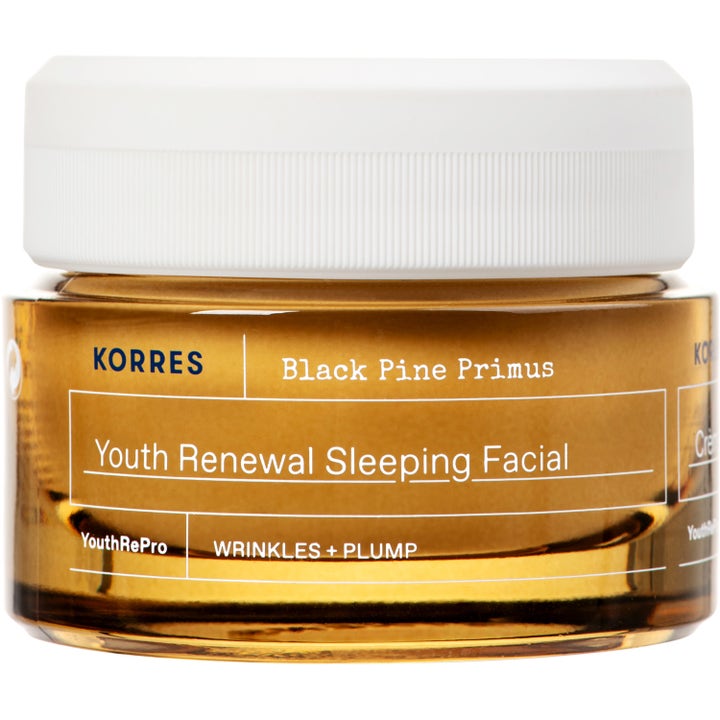 Korres Black Pine Primus Youth Renewal Sleeping Facial yövoide silottaa ryppyjä ruskeassa lasipurkissa.