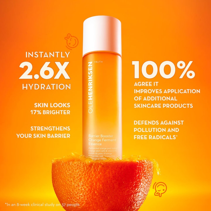 Ole Henriksen Truth Barrier Booster Ferment Essence 118 ml heleyttävä hoitoneste oranssissa pullossa appelsiinin sisällä.