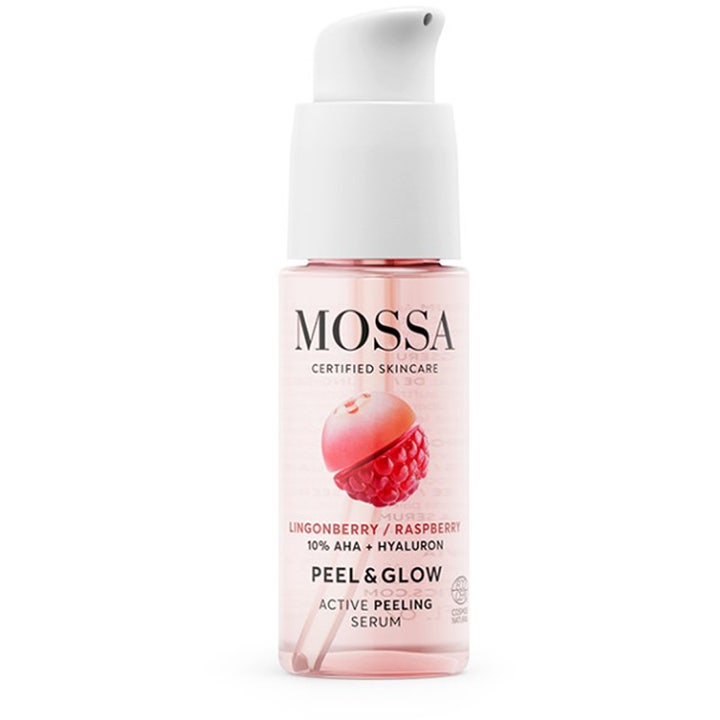 MOSSA Peel & Glow Active Peeling Serum 30 ml heleyttävä AHA-seerumi vaaleanpunaisessa pullossa valkoisella pumpulla.