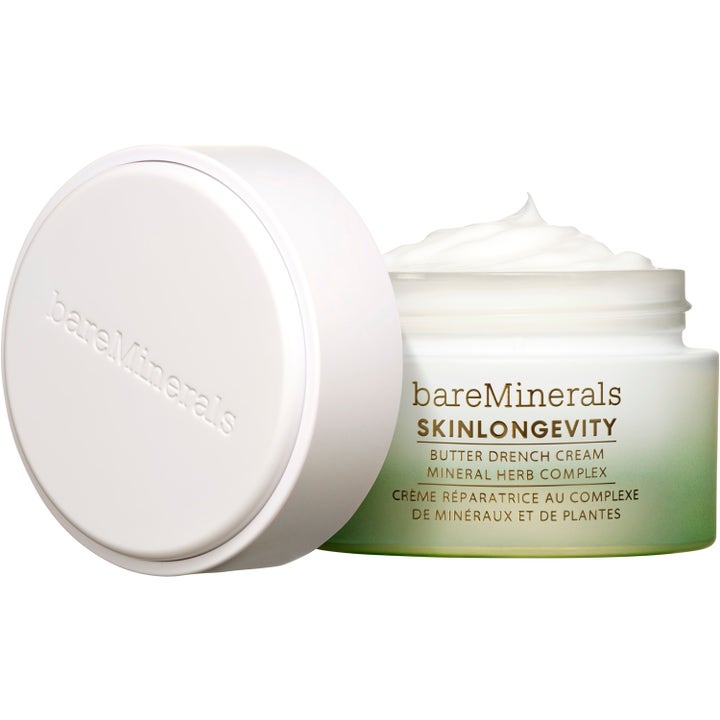 bareMinerals Skinlongevity Restorative Rich-Cream 50 ml uudistava kasvovoide avatussa purkissa, jossa on täyteläistä voidetta.