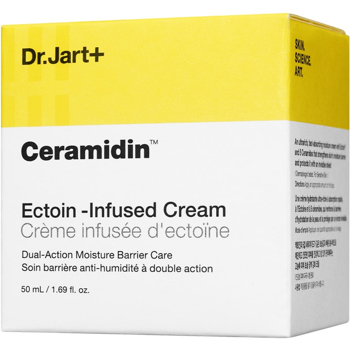 Dr.Jart+ Ceramidin Ectoin-Infused Cream 50 ml kosteuttava kasvovoide kelta-valkoisessa ulkopakkauksessa vahvistaa ihoa.