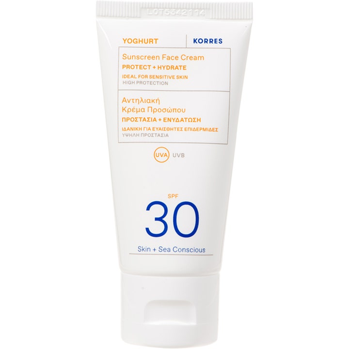 Korres Yoghurt Sunscreen Face Cream SPF 30 kosteuttava aurinkovoide kasvoille valkoisessa tuubissa.
