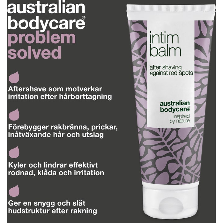 Australian Bodycare Intim Balm 100 ml rauhoittava aftershave-voide valkoisessa tuubissa liilalla lehtikuviolla.