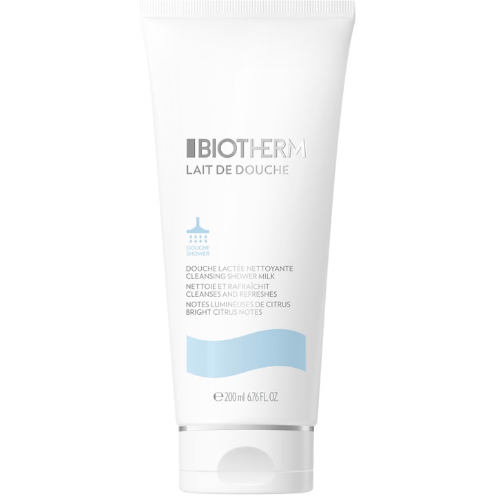 Biotherm Lait De Douche 200 ml puhdistava suihkumaito virkistää ihoa valkoisessa tuubissa jossa on sininen aalto