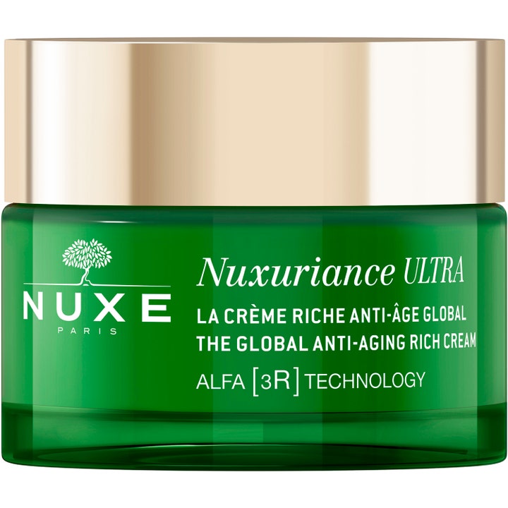 Nuxe Nuxuriance Ultra 50 ml silottava anti-age kasvovoide vihreässä lasipurkissa kultaisella korkilla.