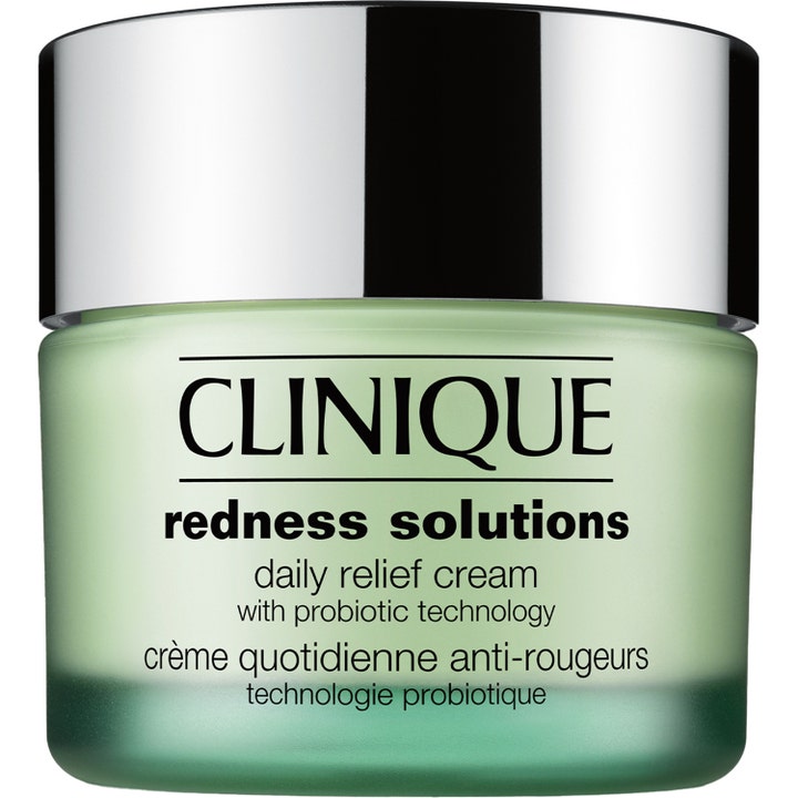 Clinique Redness Solutions Daily Relief Cream rauhoittava kasvovoide punoitukseen vaaleanvihreässä huurteisessa lasipurkissa.