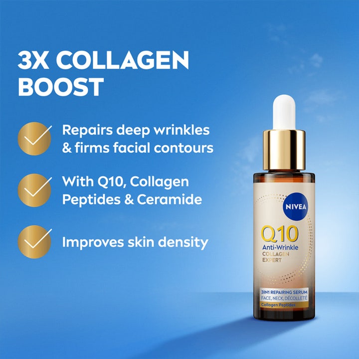 NIVEA Q10 Collagen Expert 3IN1 Repairing Serum 30 ml korjaava seerumi kultaisessa pipettipullossa silottaa ryppyjä.