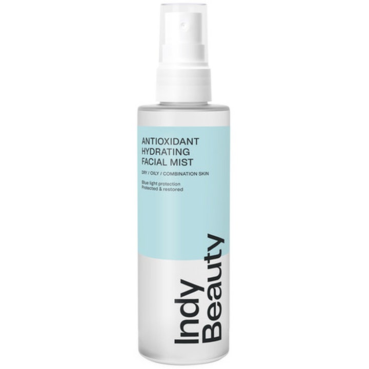 Indy Beauty Antioxidant Hydrating Facial Mist kosteuttava kasvosuihke vaaleansinisellä etiketillä ja valkoisella pumpulla.