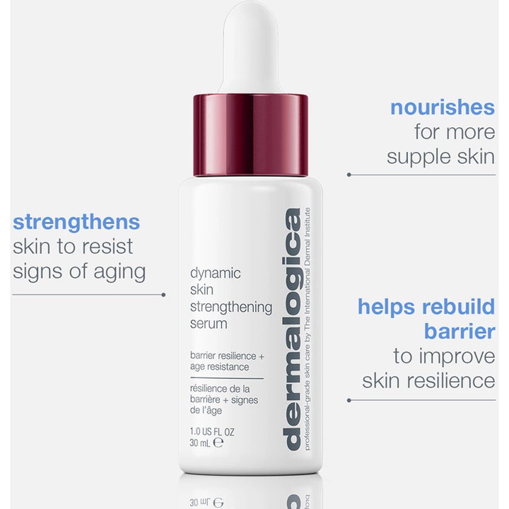Dermalogica Dynamic Skin Strengthening Serum 30 ml ihoa vahvistava seerumi valkoisessa pullossa viininpunaisella kauluksella.