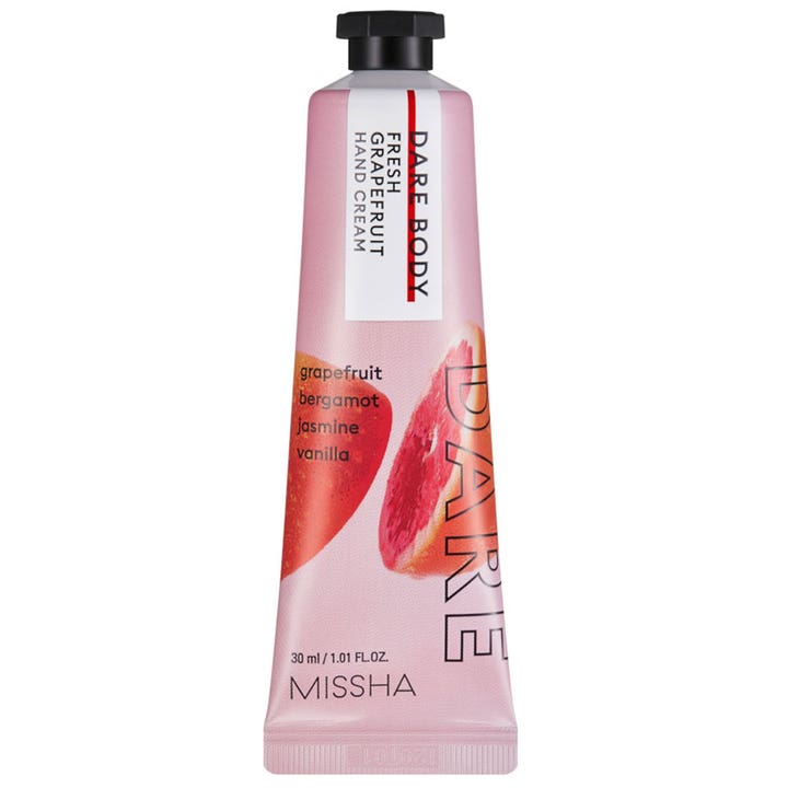 Missha Dare Body Fresh Grapefruit 30 ml käsivoide antaa raikkautta vaaleanpunaisessa tuubissa jossa on greippikuvio.