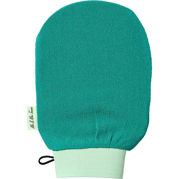 Mr & Mrs Tannie Exfoliating Mitt 1 kpl kuoriva kinnas silottaa ihoa turkoosilla karkeapintaisella materiaalilla.