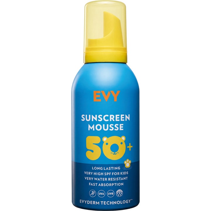 EVY Technology Sunscreen Mousse Kids SPF 50 150 ml aurinkosuojavaahto sinisessä pullossa, jossa on keltainen korkki.