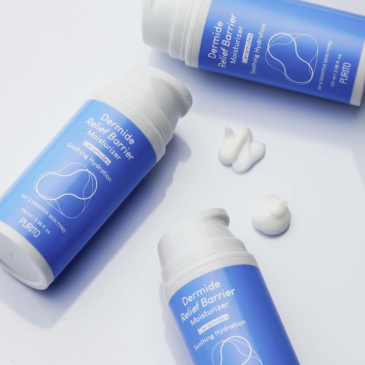 Purito Dermide Relief Barrier Moisturizer 100 ml kasvovoide ja täyteläistä valkoista voidetekstuuria.
