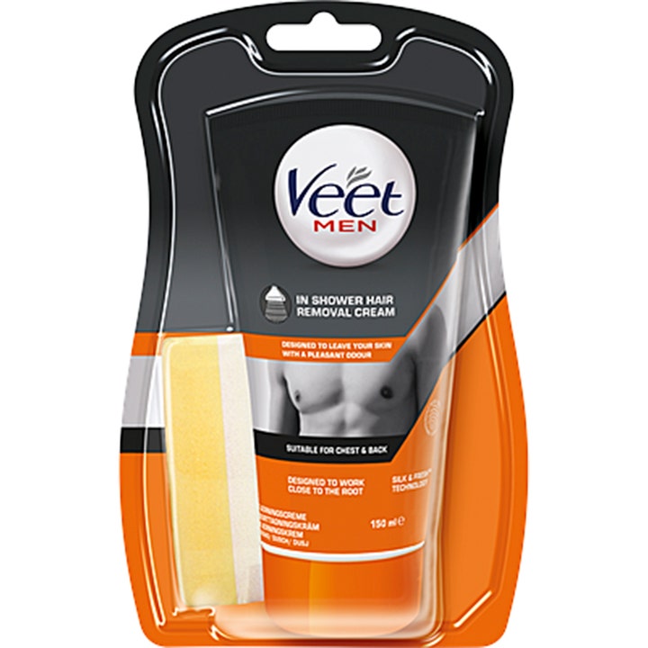Veet Men In Shower Karvanpoistovoide 150 ml silottaa ihoa oranssi tuubi ja keltainen sieni pakkauksessa.