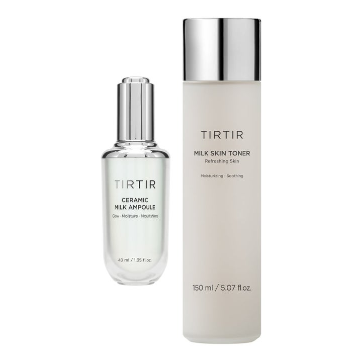 TIRTIR Ceramic Milk Ampoule ja Milk Skin Toner heleyttävä ihonhoitosetti hopeisilla korkeilla.