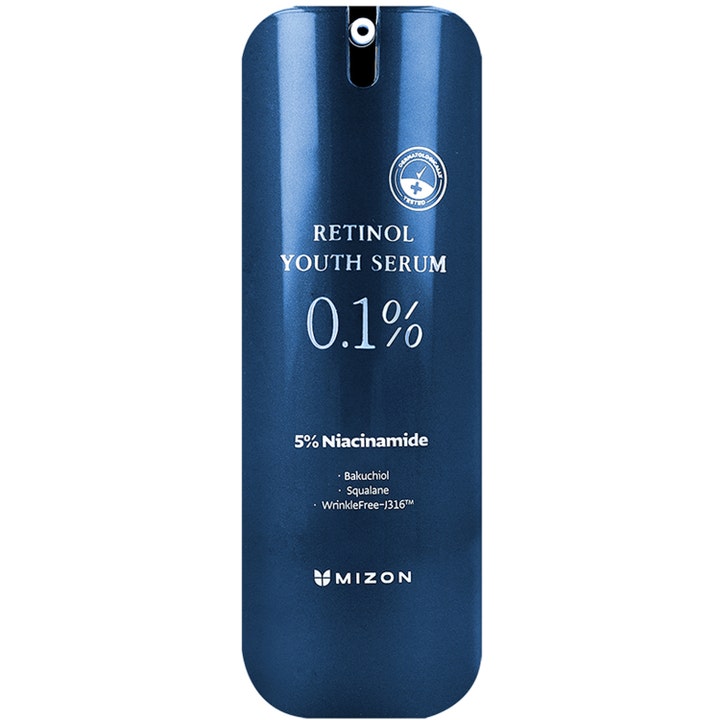 Mizon Retinol Youth Serum 0.1% uudistava seerumi tyylikkäässä tummansinisessä metallinhohtoisessa pullossa.
