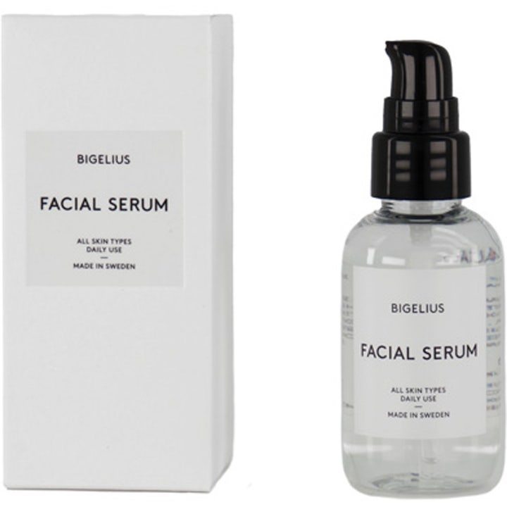 Bigelius Facial Serum 30ml kosteuttava kasvoseerumi kirkkaassa pullossa mustalla pumpulla ja valkoisella kotelolla.