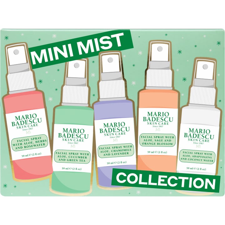 Mario Badescu Mini Mist Collection 5x59 ml kasvosuihkesetti viisi värikästä pulloa vihreässä pakkauksessa